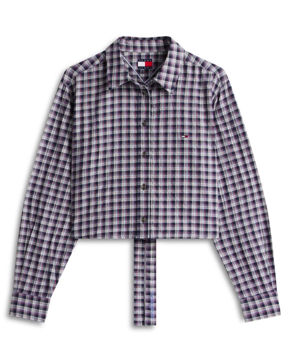 Camisa Cropped aos Quadrados com Laço Azul-marinho-4