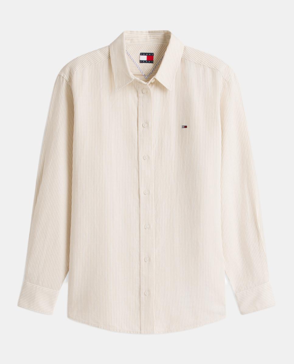 Camisa de Linho às Riscas Bege-4