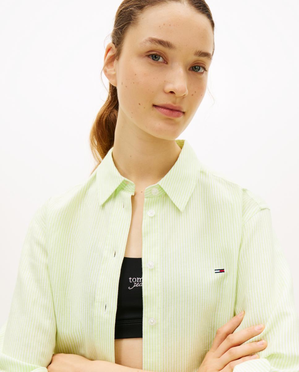 Camisa de Linho às Riscas Verde-claro-3