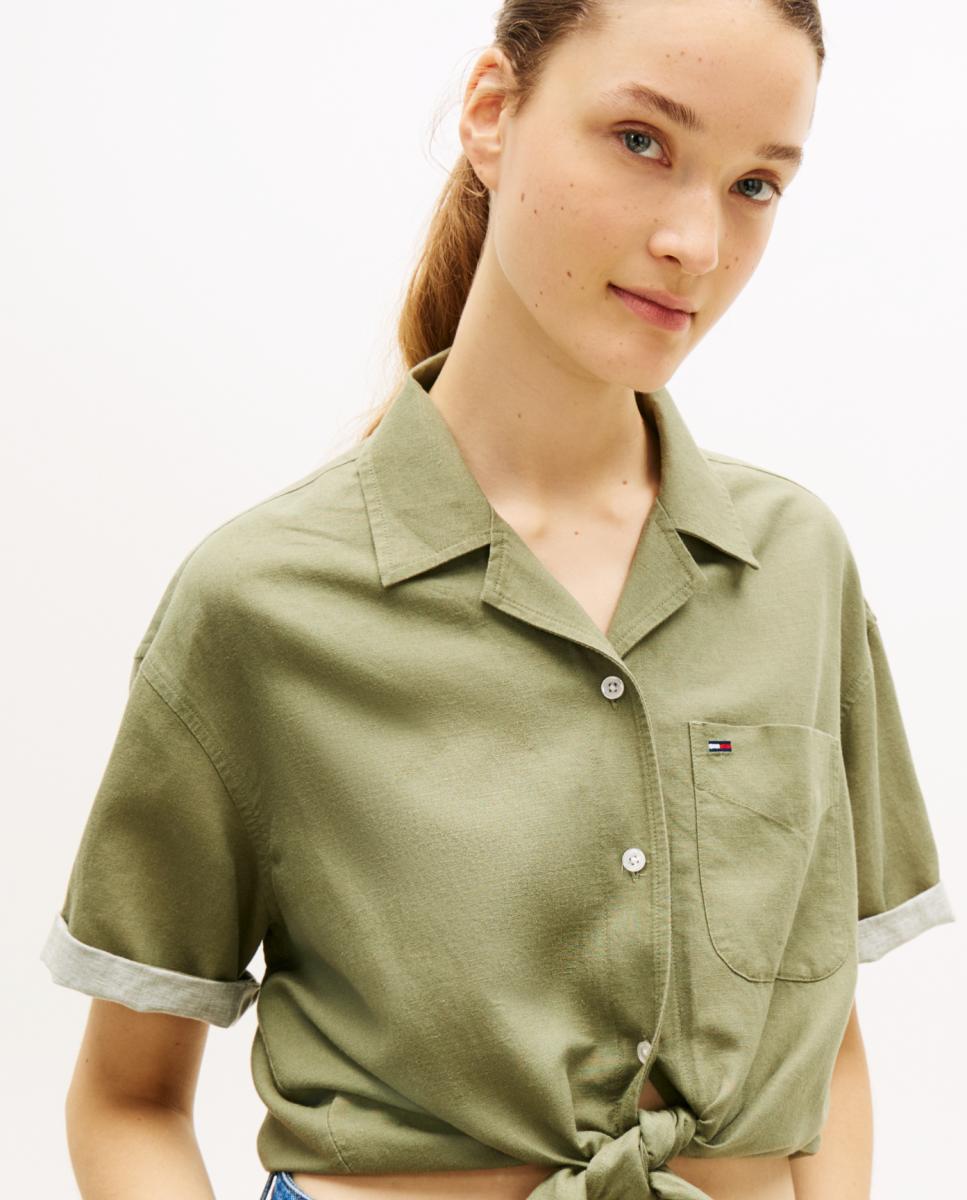 Camisa de Linho com Nó à Frente Verde-militar-3