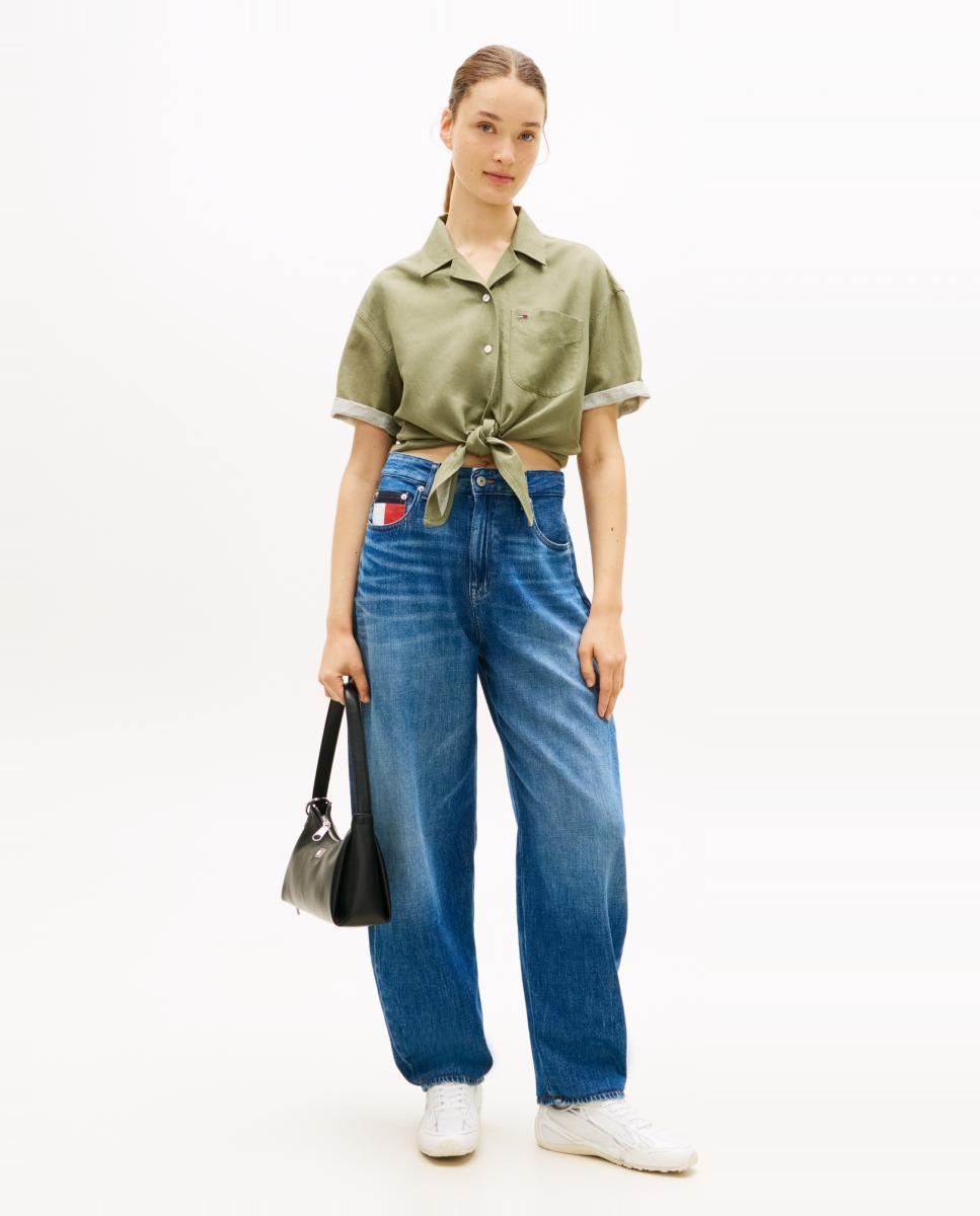 Camisa de Linho com Nó à Frente Verde-militar-5