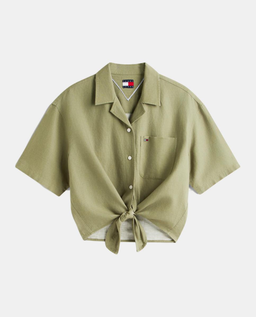 Camisa de Linho com Nó à Frente Verde-militar-4