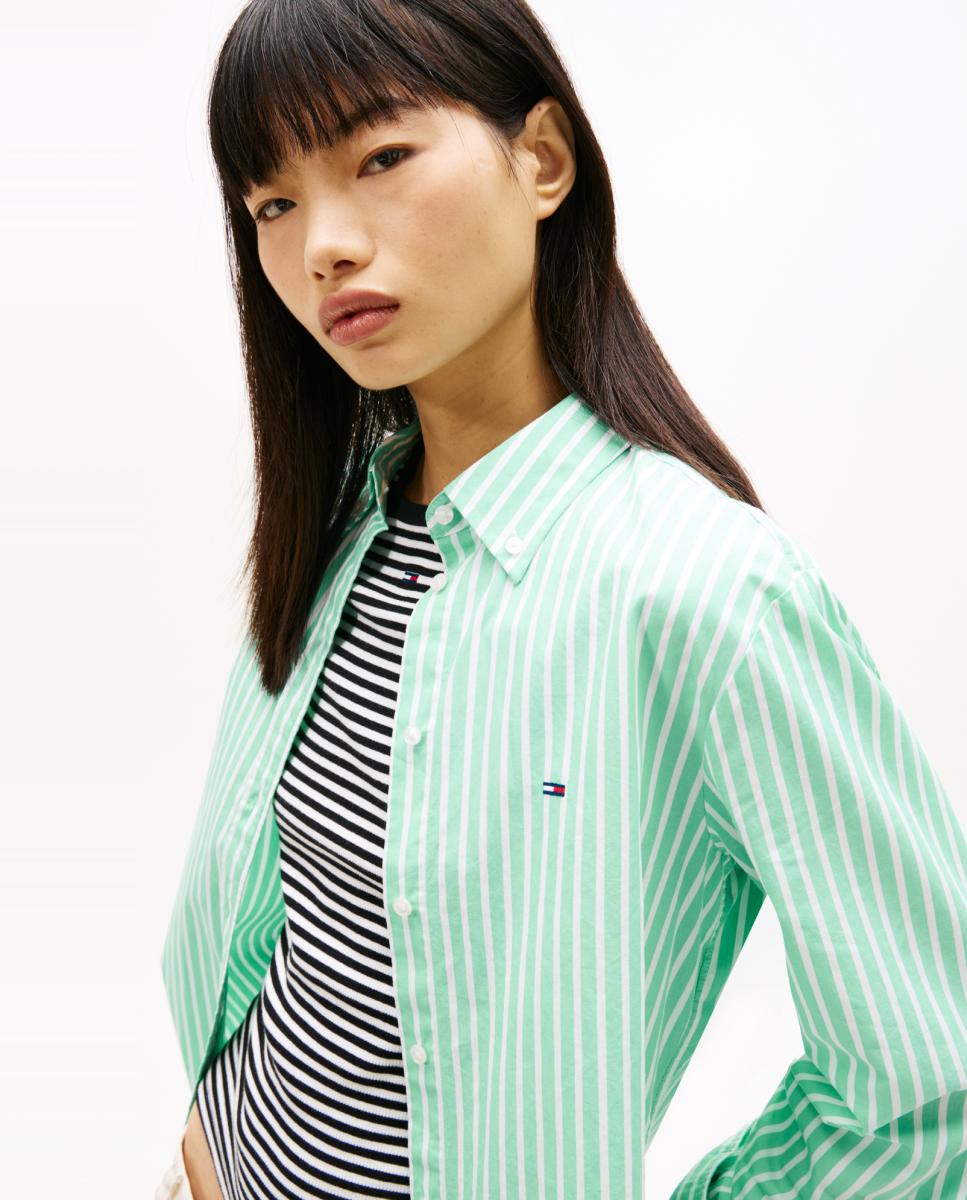Camisa às Riscas em Popelina Verde Água-3
