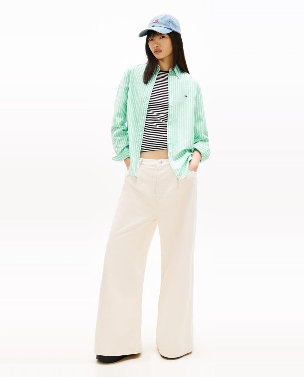 Camisa às Riscas em Popelina Verde Água-5