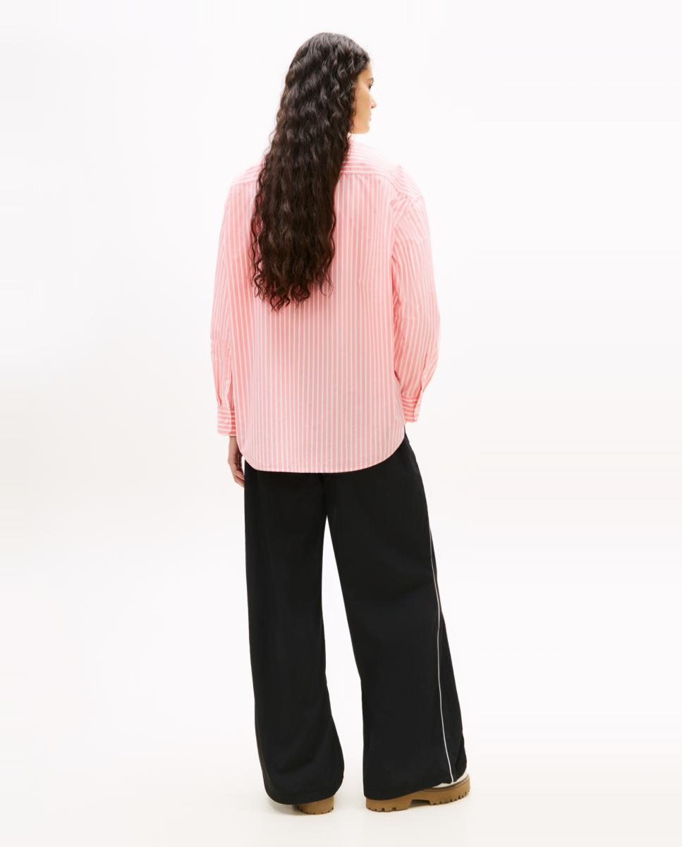 Camisa Oversized de Popelina às Riscas Rosa-2