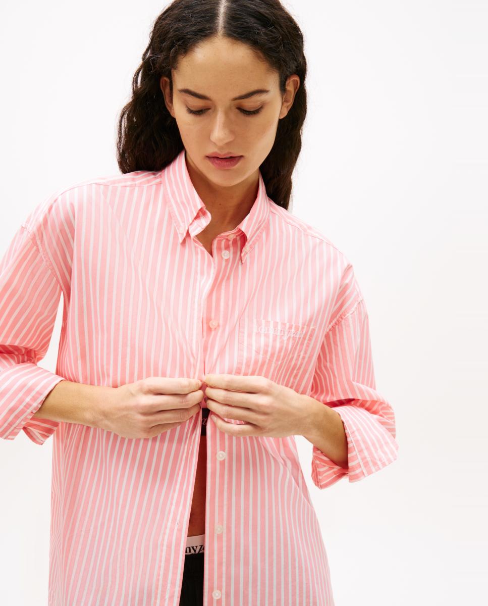 Camisa Oversized de Popelina às Riscas Rosa-3