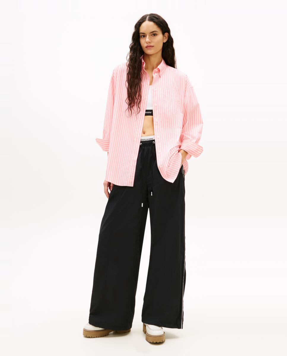 Camisa Oversized de Popelina às Riscas Rosa-5