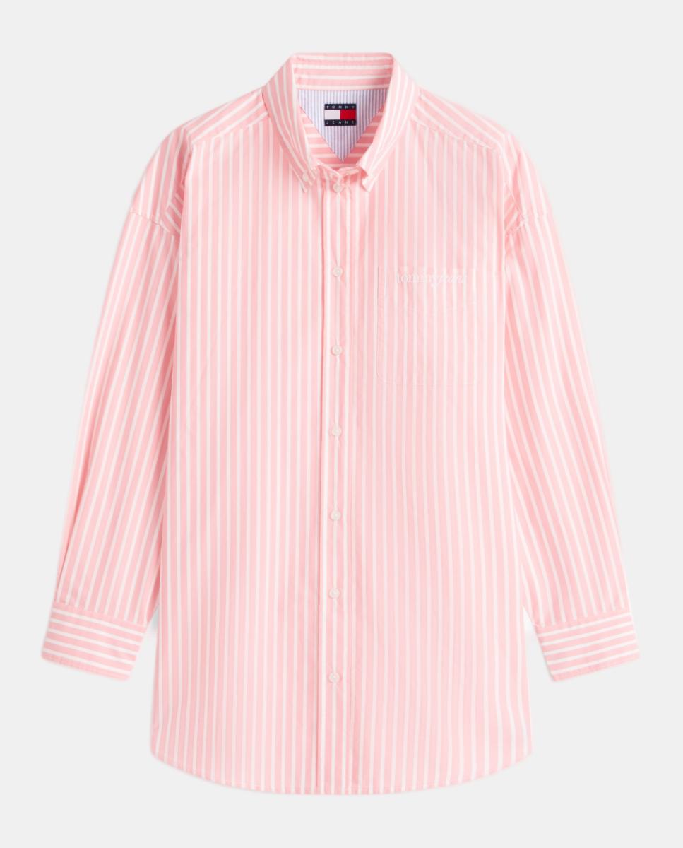 Camisa Oversized de Popelina às Riscas Rosa-4
