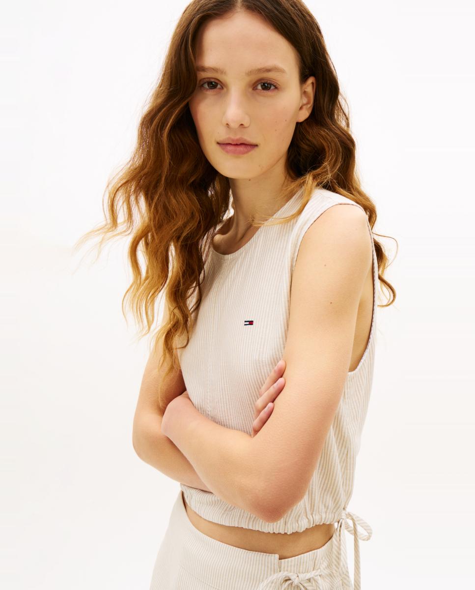 Blusa de Linho Regular Fit sem Mangas Bege-3