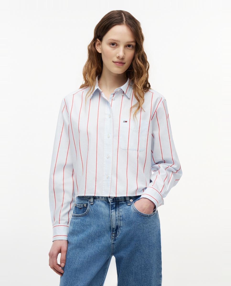 Imagem 0 de Camisa às Riscas com Silhueta Relaxed e Corte Cropped