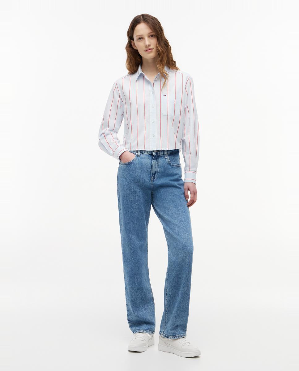 Camisa às Riscas com Silhueta Relaxed e Corte Cropped Azul-claro-5