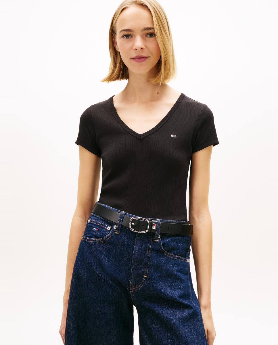 T-shirt de Manga Curta e Decote em V Preto-1