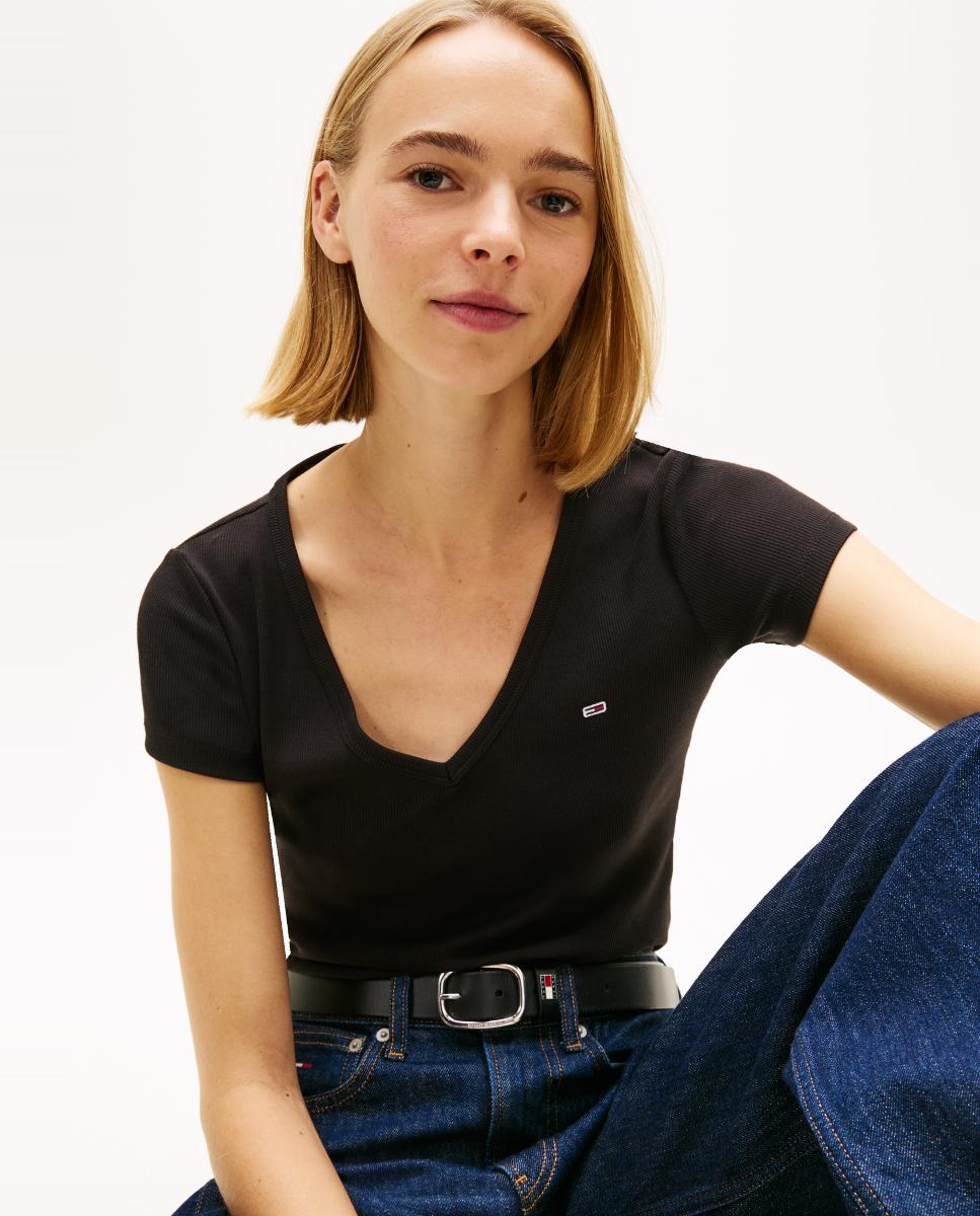 T-shirt de Manga Curta e Decote em V Preto-3