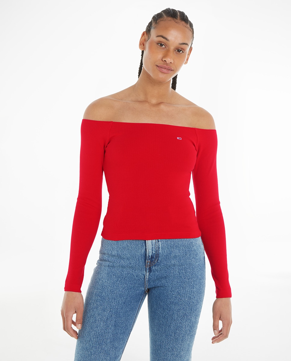 Camisola de mulher com manga comprida e decote à barco Vermelho-1