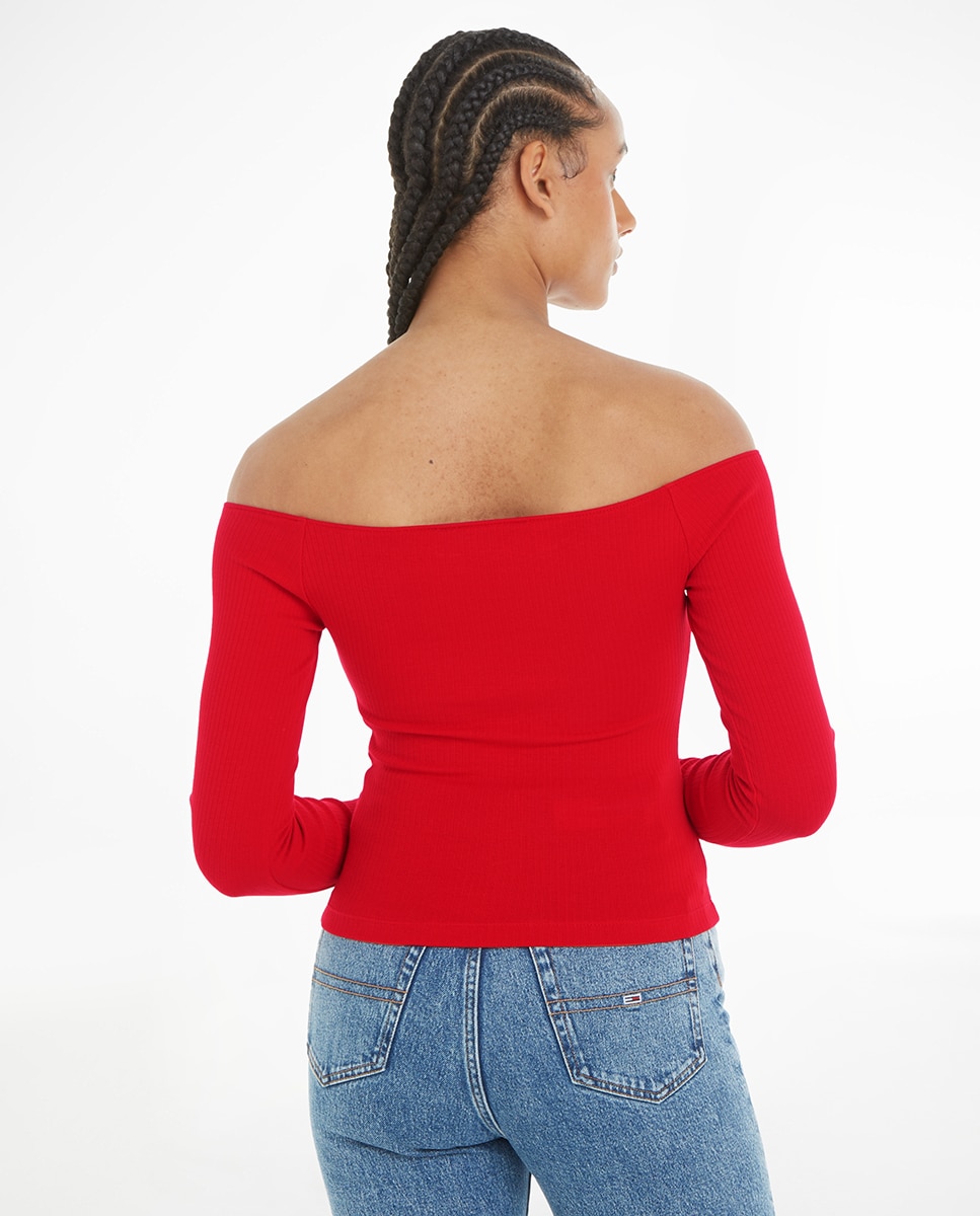 Camisola de mulher com manga comprida e decote à barco Vermelho-2