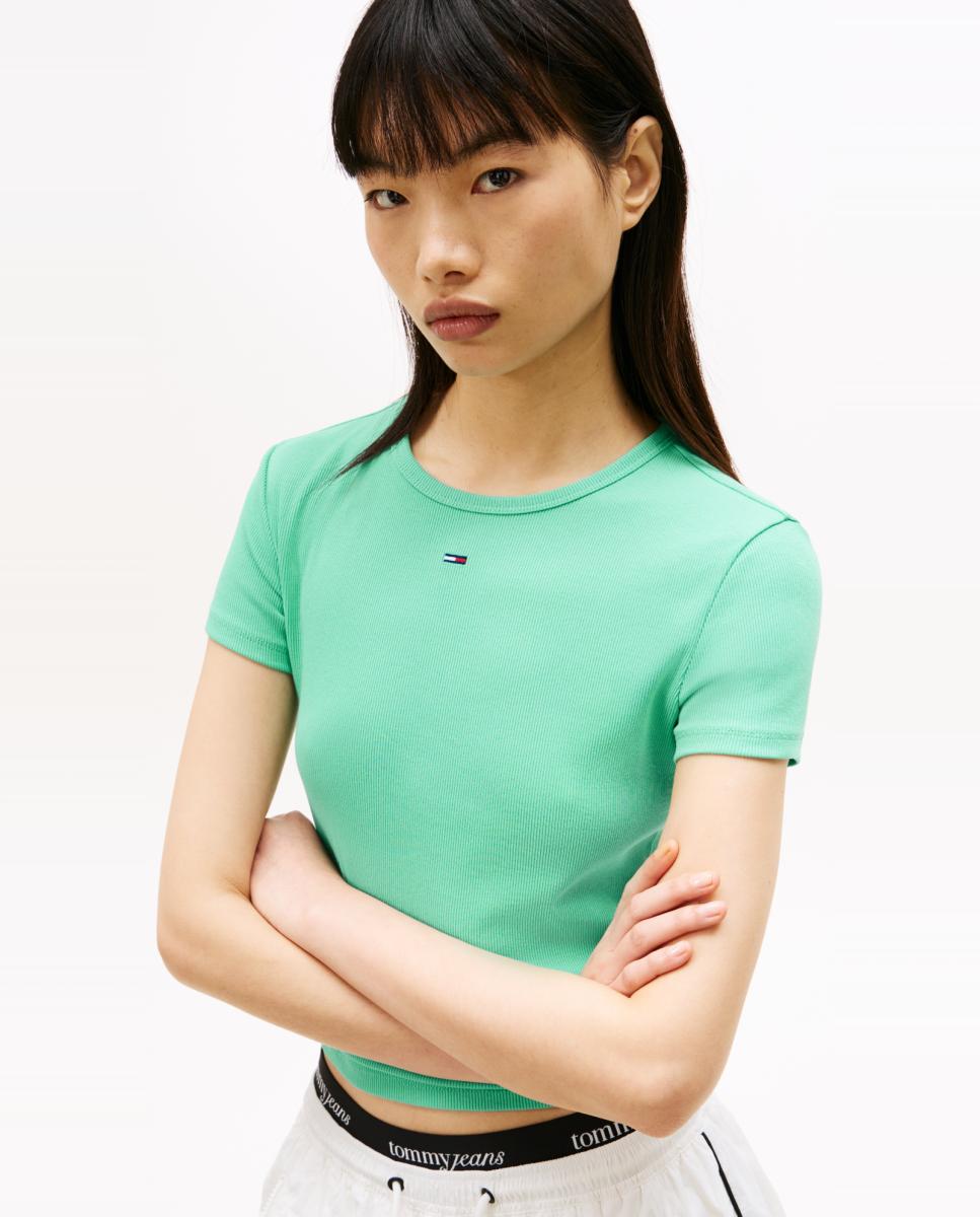 T-shirt de Manga Curta Slim Fit Canelada Verde Água-3