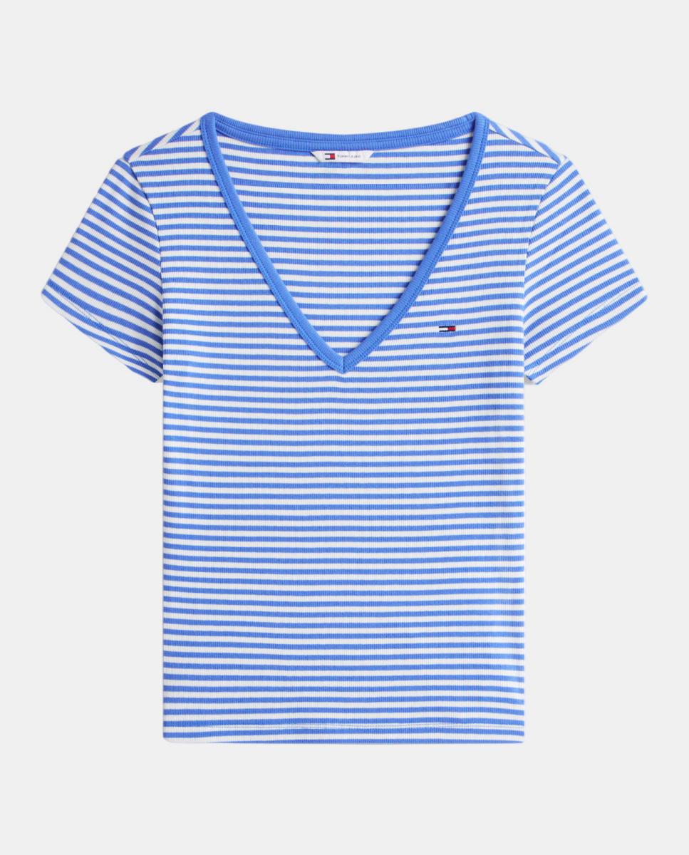 T-shirt de Manga Curta Slim Fit Canelada Azul-4