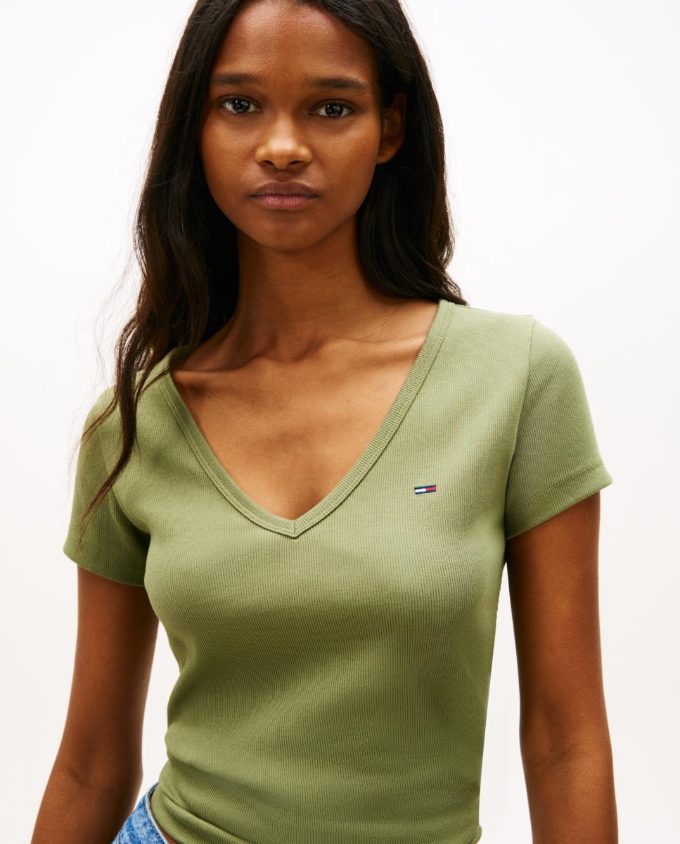 T-shirt de Manga Curta Slim Fit Canelada Verde-militar-3