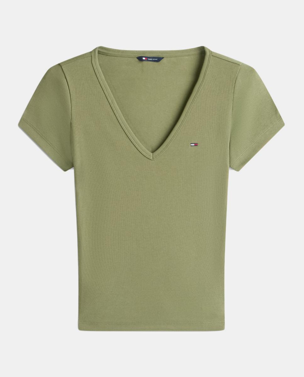 T-shirt de Manga Curta Slim Fit Canelada Verde-militar-4