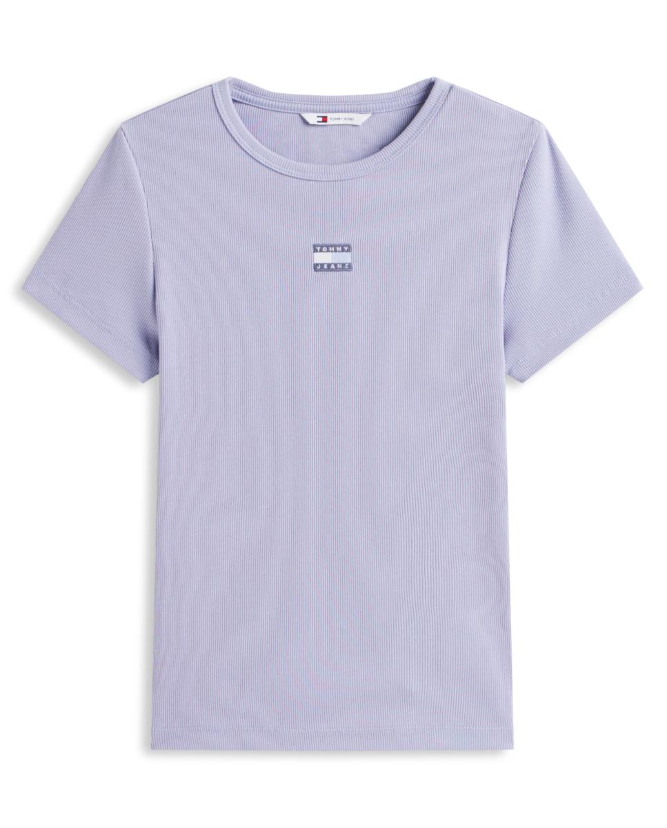 T-shirt Slim Fit de Manga Curta Canelada Lilás-4