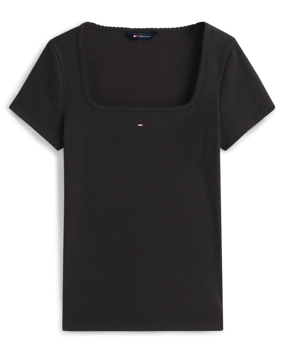 T-shirt Canelado Slim Fit com Decote Quadrado Preto-4