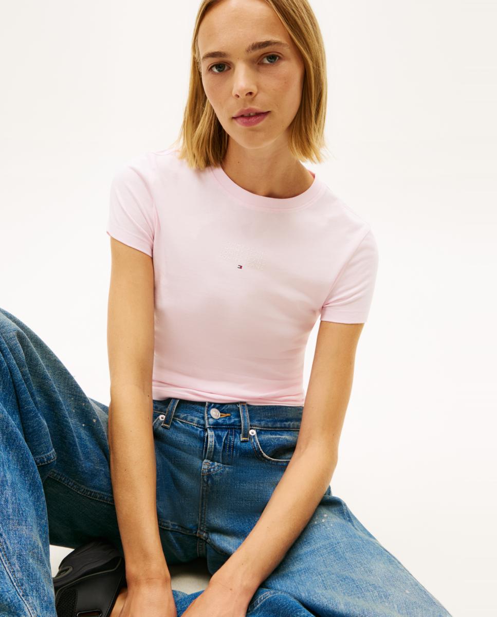 T-shirt Slim Fit com Logótipo Linear Múltiplo Rosa-claro-4