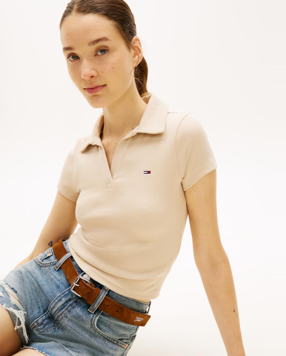 Polo Slim Fit Canelado Bege-3