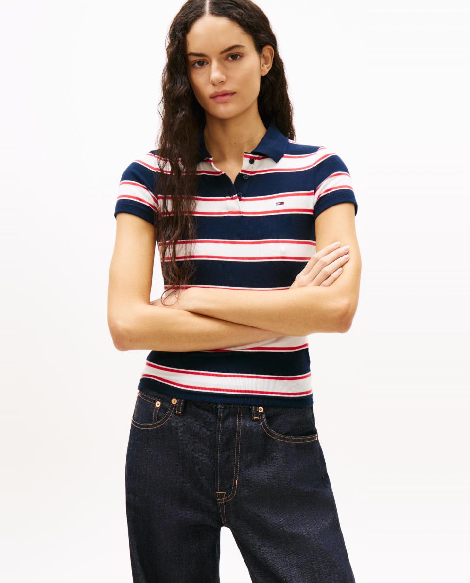 Polo Slim Fit Canelado às Riscas Azul-marinho-1