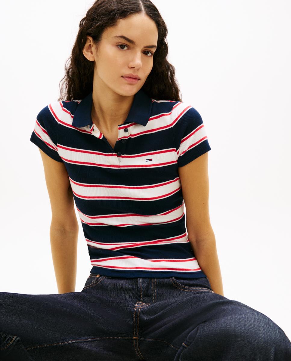 Polo Slim Fit Canelado às Riscas Azul-marinho-3