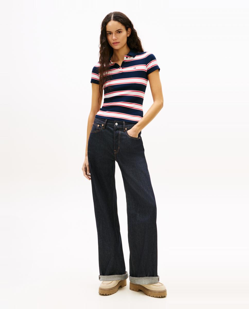 Polo Slim Fit Canelado às Riscas Azul-marinho-5
