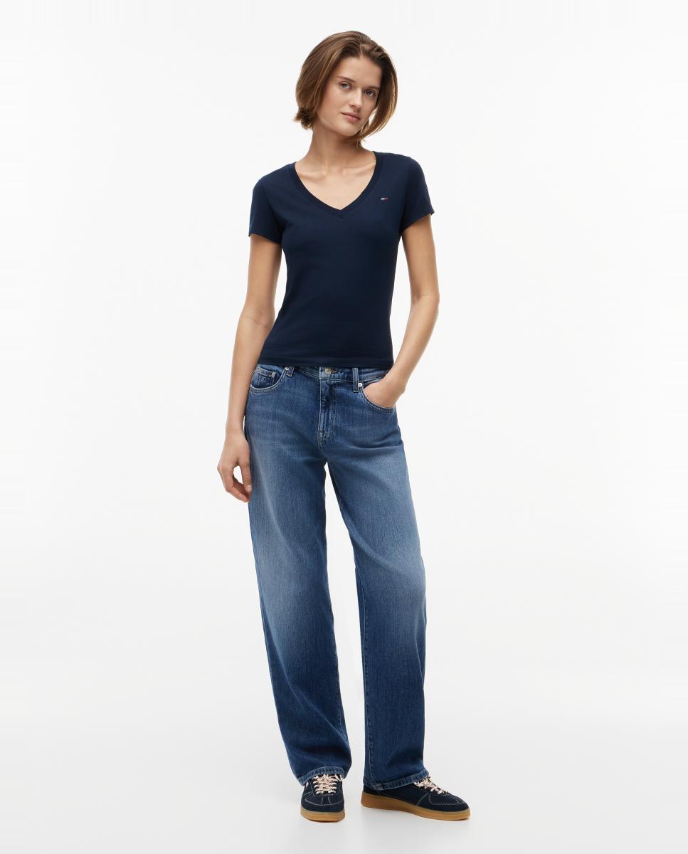 T-shirt de Decote em Bico e Fit Justo Azul-marinho-5