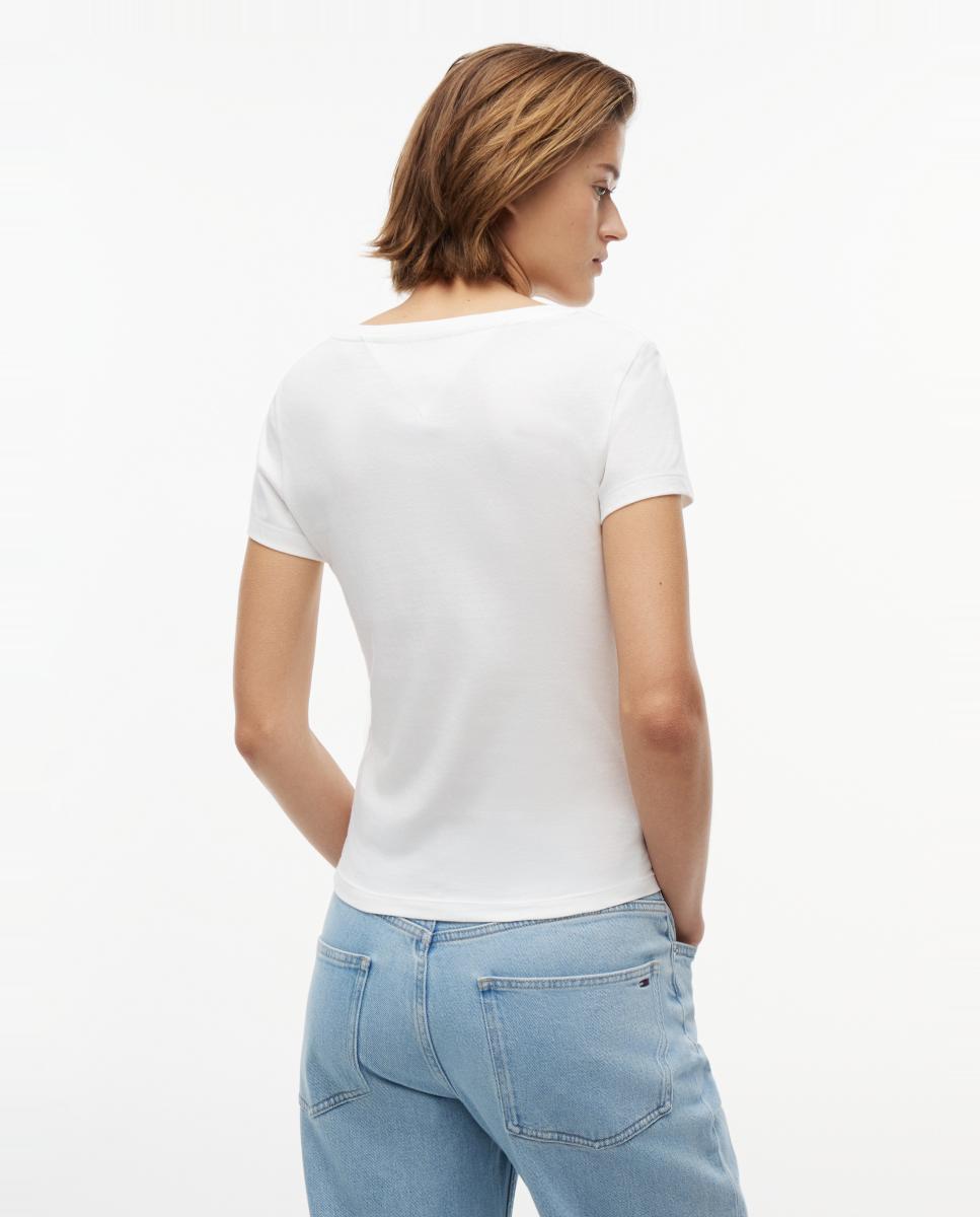 T-shirt de Decote em Bico e Fit Justo Branco-3