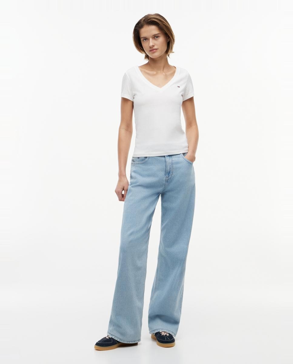 T-shirt de Decote em Bico e Fit Justo Branco-5