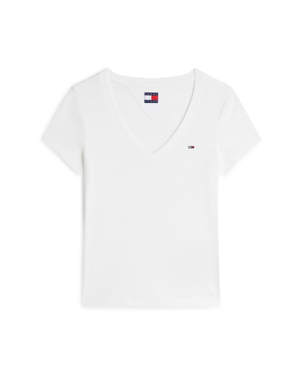 T-shirt de Decote em Bico e Fit Justo Branco-4
