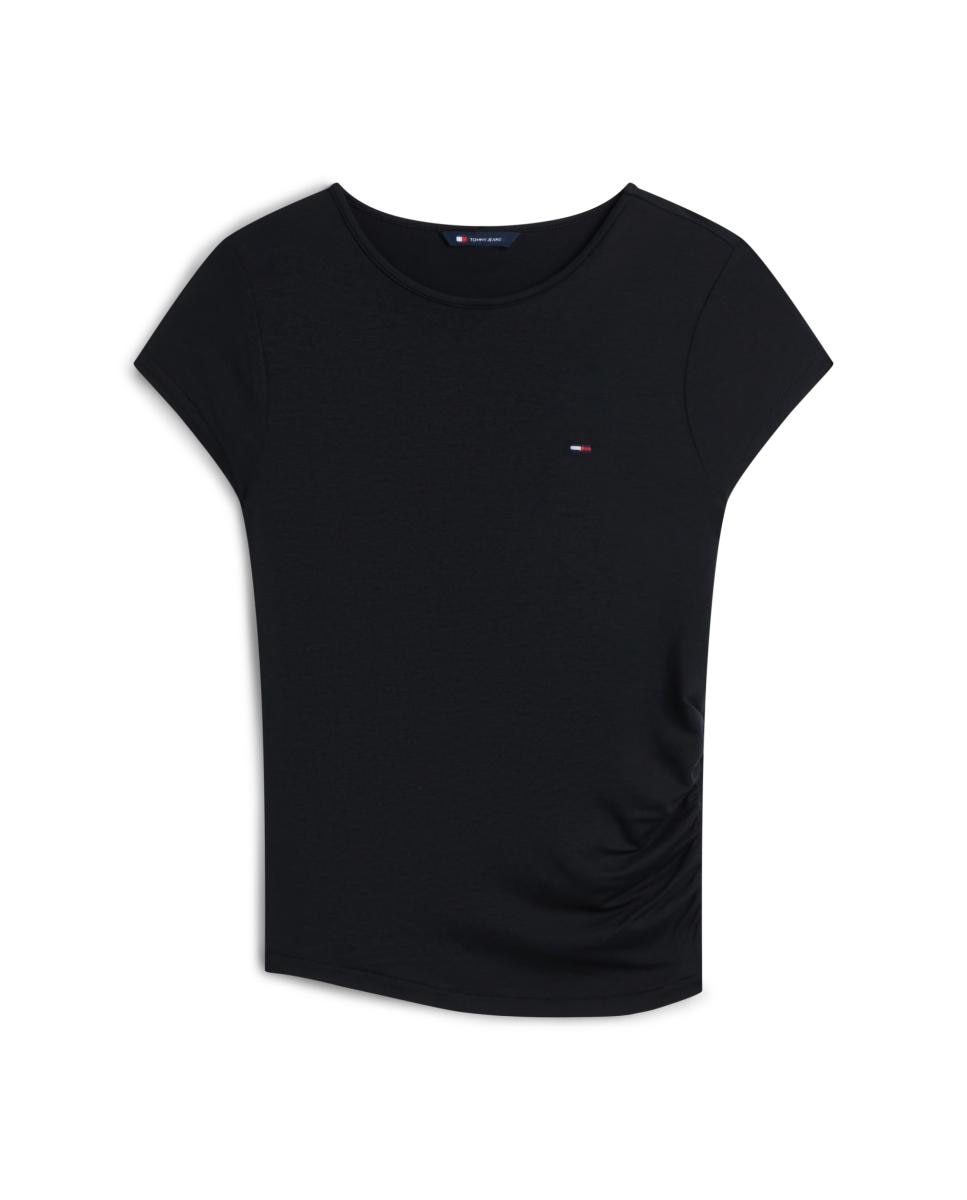 T-shirt de Manga Curta Slim Fit e Ligeiro Drapeado Lateral Preto-3