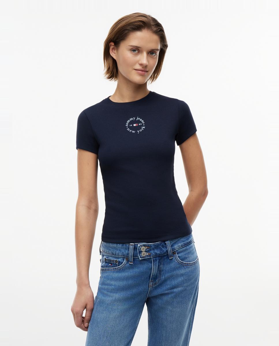 Imagem 0 de T-shirt Slim Fit de Manga Curta Canelada com Logótipo Estampado.