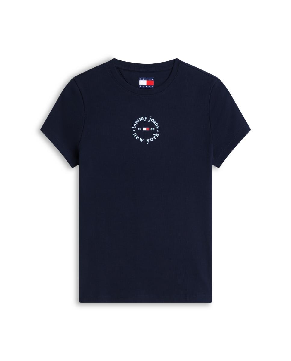 T-shirt Slim Fit de Manga Curta Canelada com Logótipo Estampado Azul-marinho-4