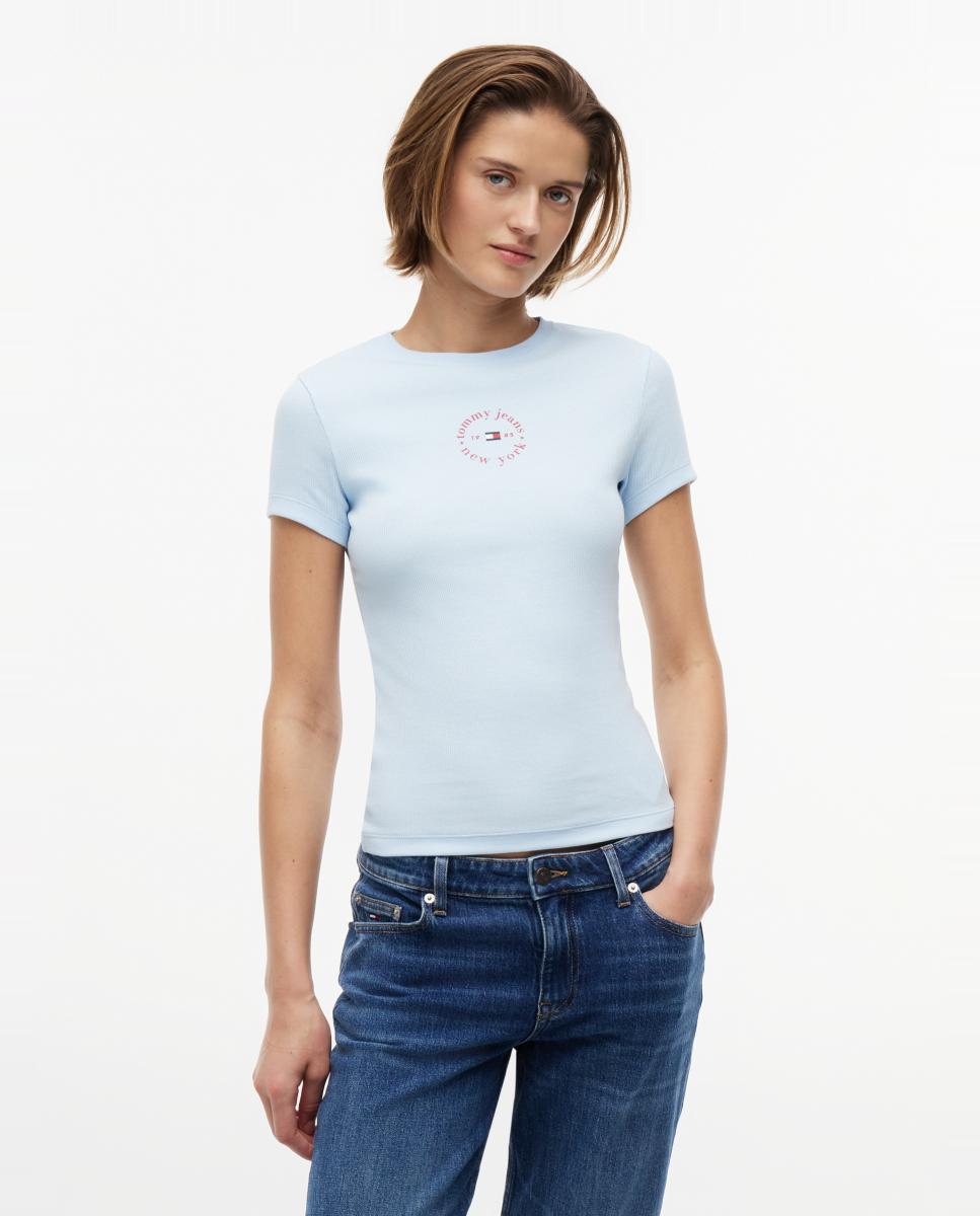 Imagem 0 de T-shirt Slim Fit de Manga Curta Canelada com Logótipo Estampado.