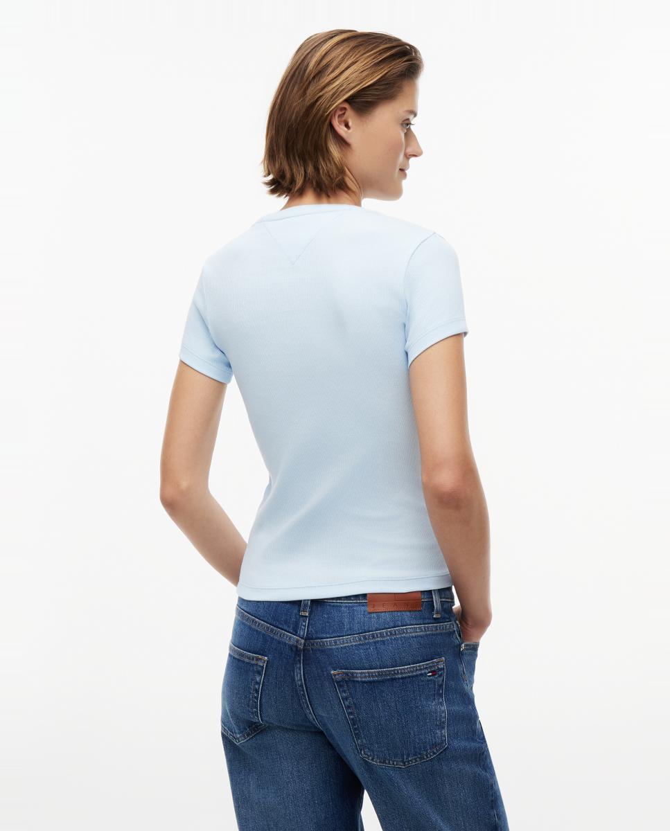 T-shirt Slim Fit de Manga Curta Canelada com Logótipo Estampado. Azul-claro-3