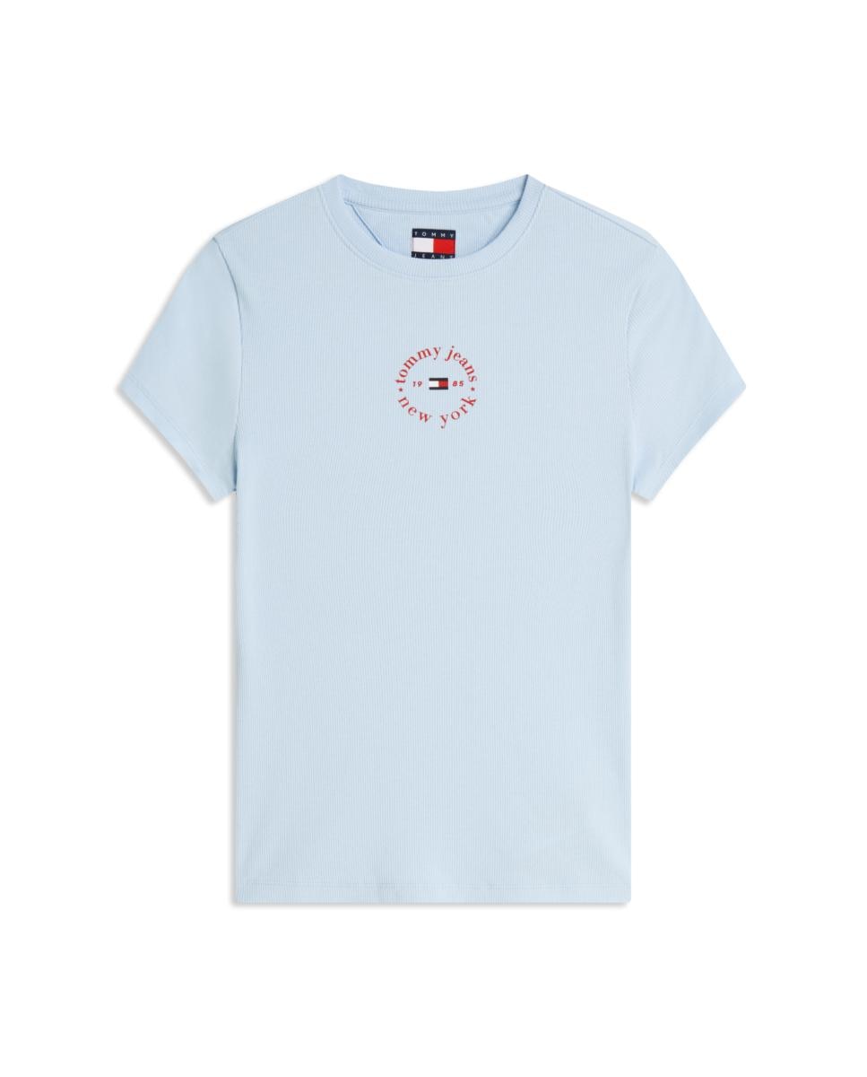 T-shirt Slim Fit de Manga Curta Canelada com Logótipo Estampado. Azul-claro-4