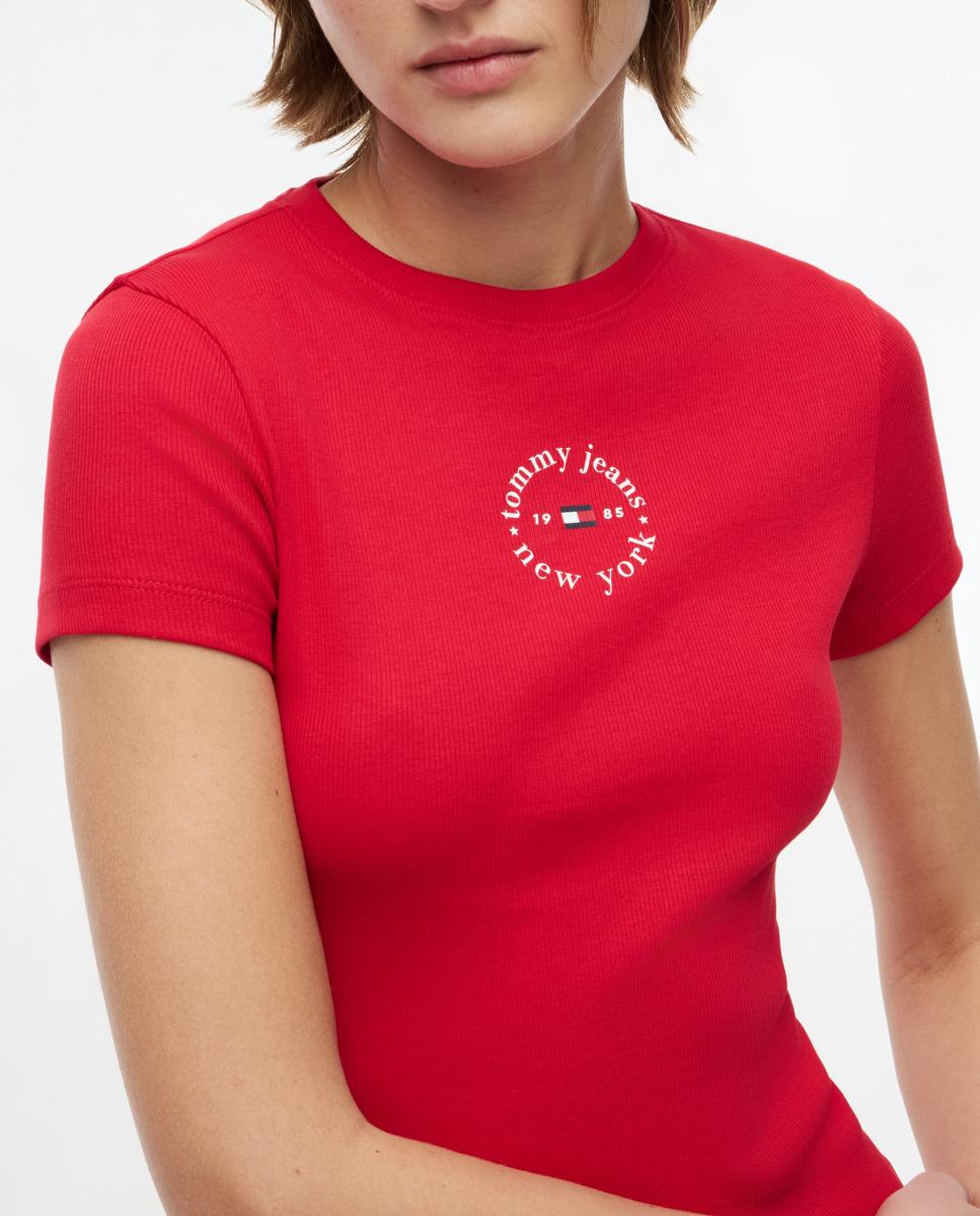T-shirt Slim Fit de Manga Curta Canelada com Logótipo Estampado Vermelho-2