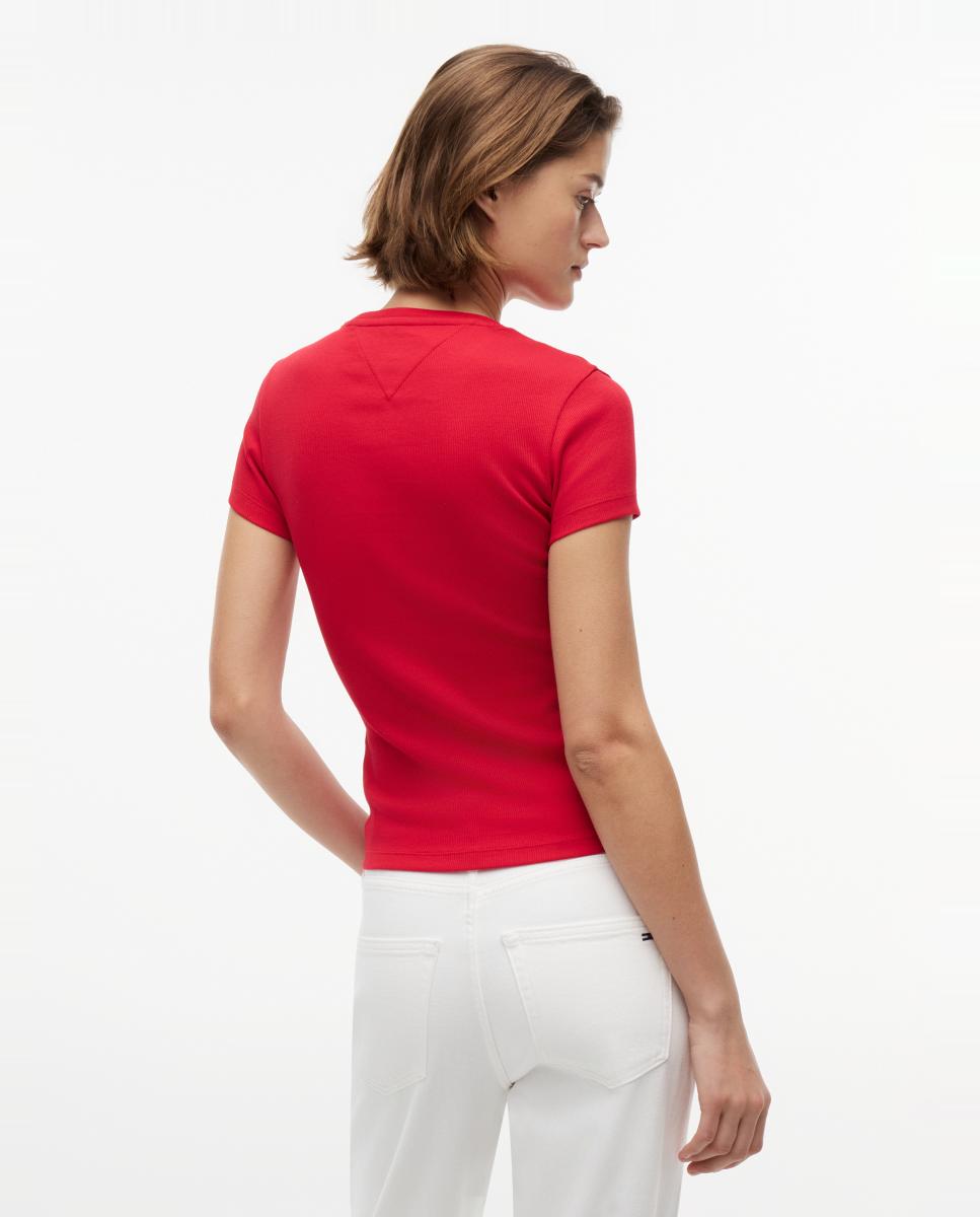 T-shirt Slim Fit de Manga Curta Canelada com Logótipo Estampado Vermelho-3