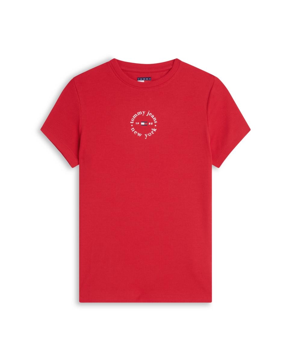 T-shirt Slim Fit de Manga Curta Canelada com Logótipo Estampado Vermelho-4