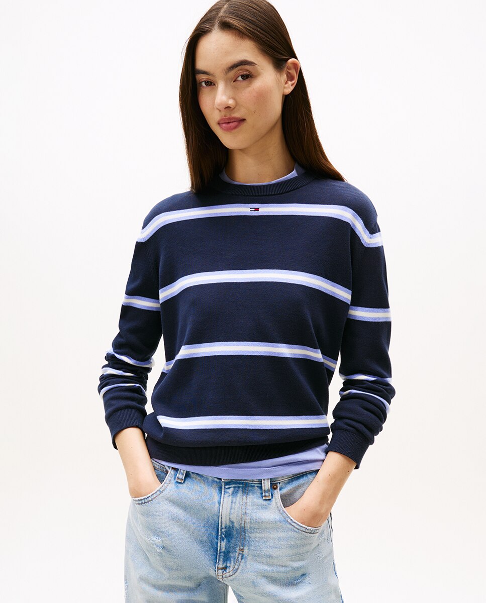 Camisola de malha básica de mulher com decote redondo Azul-marinho-1