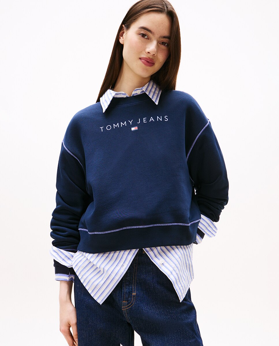 Sweatshirt Relaxed Crop Fit com Costuras em Contraste Azul-marinho-1