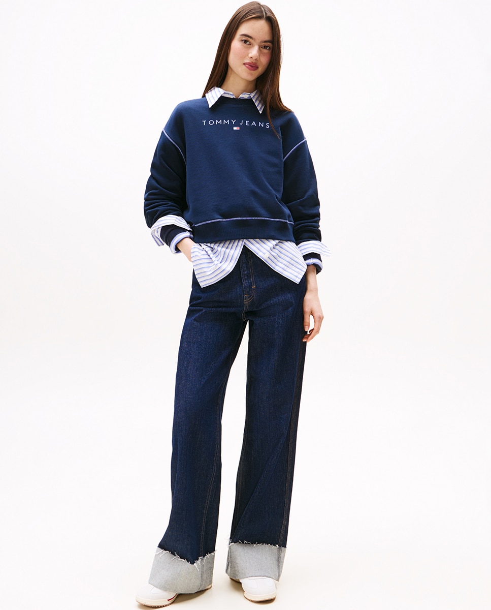 Sweatshirt Relaxed Crop Fit com Costuras em Contraste Azul-marinho-3