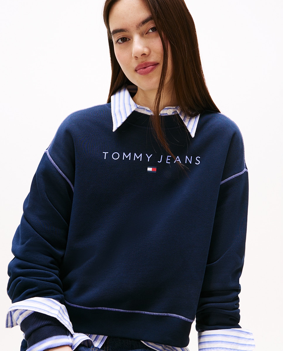Sweatshirt Relaxed Crop Fit com Costuras em Contraste Azul-marinho-4