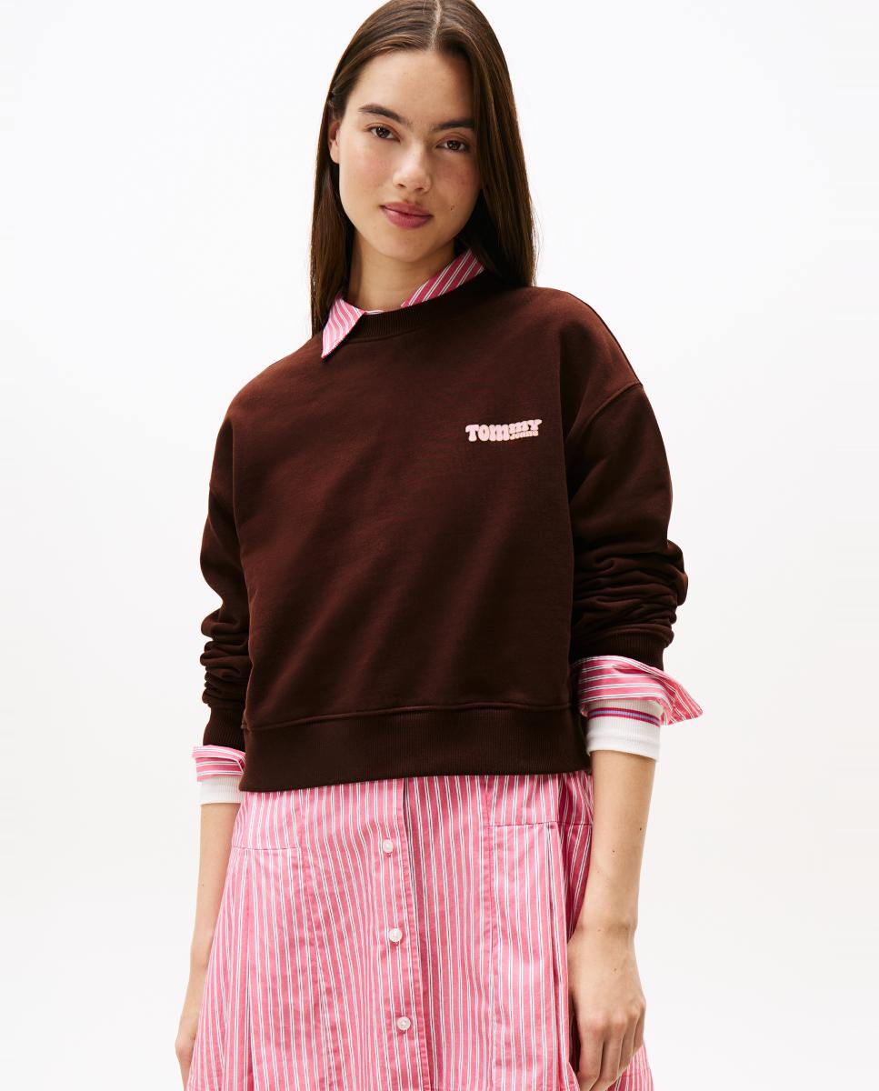 Sweatshirt Relaxed Crop Fit com Logótipo nas Costas Castanho-escuro-1