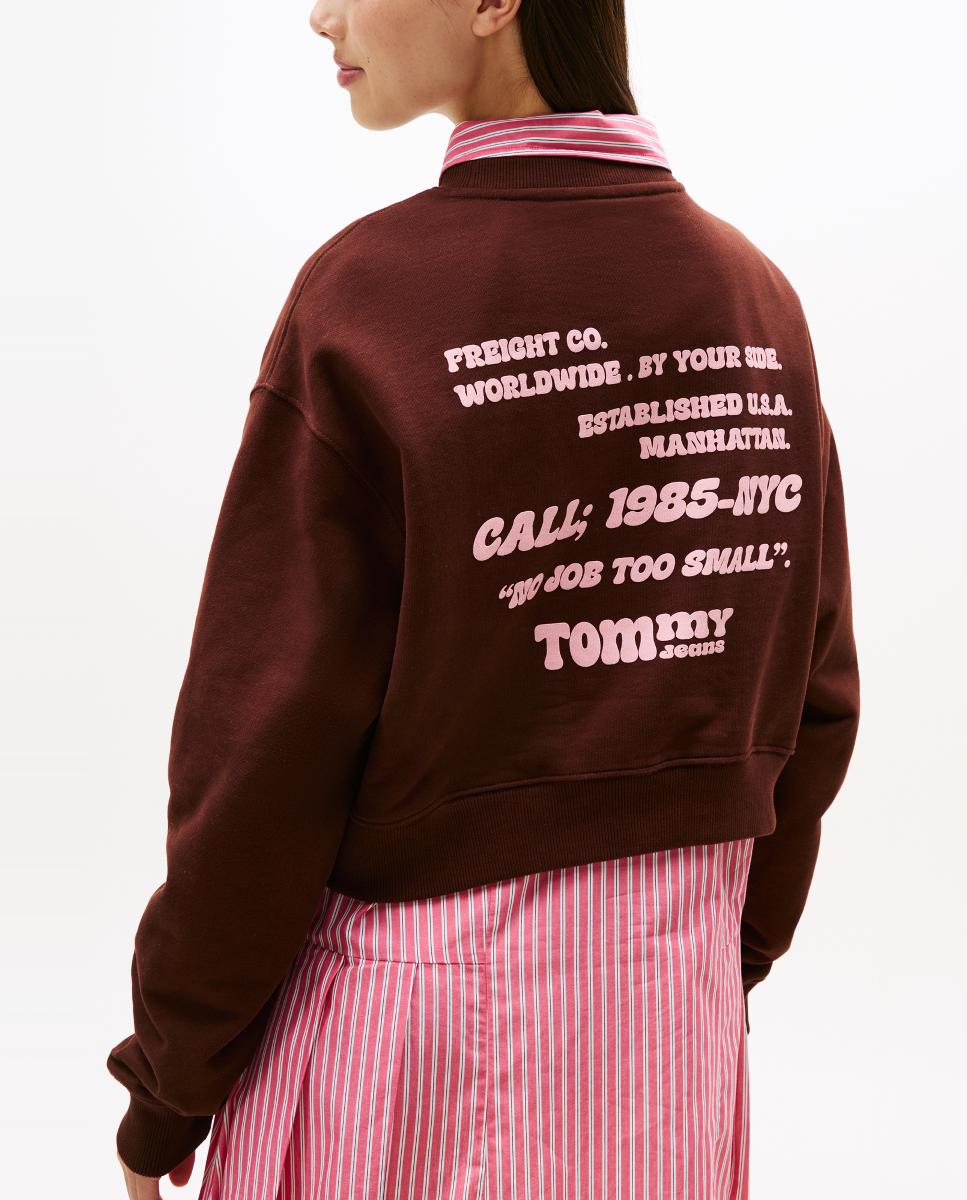 Sweatshirt Relaxed Crop Fit com Logótipo nas Costas Castanho-escuro-3