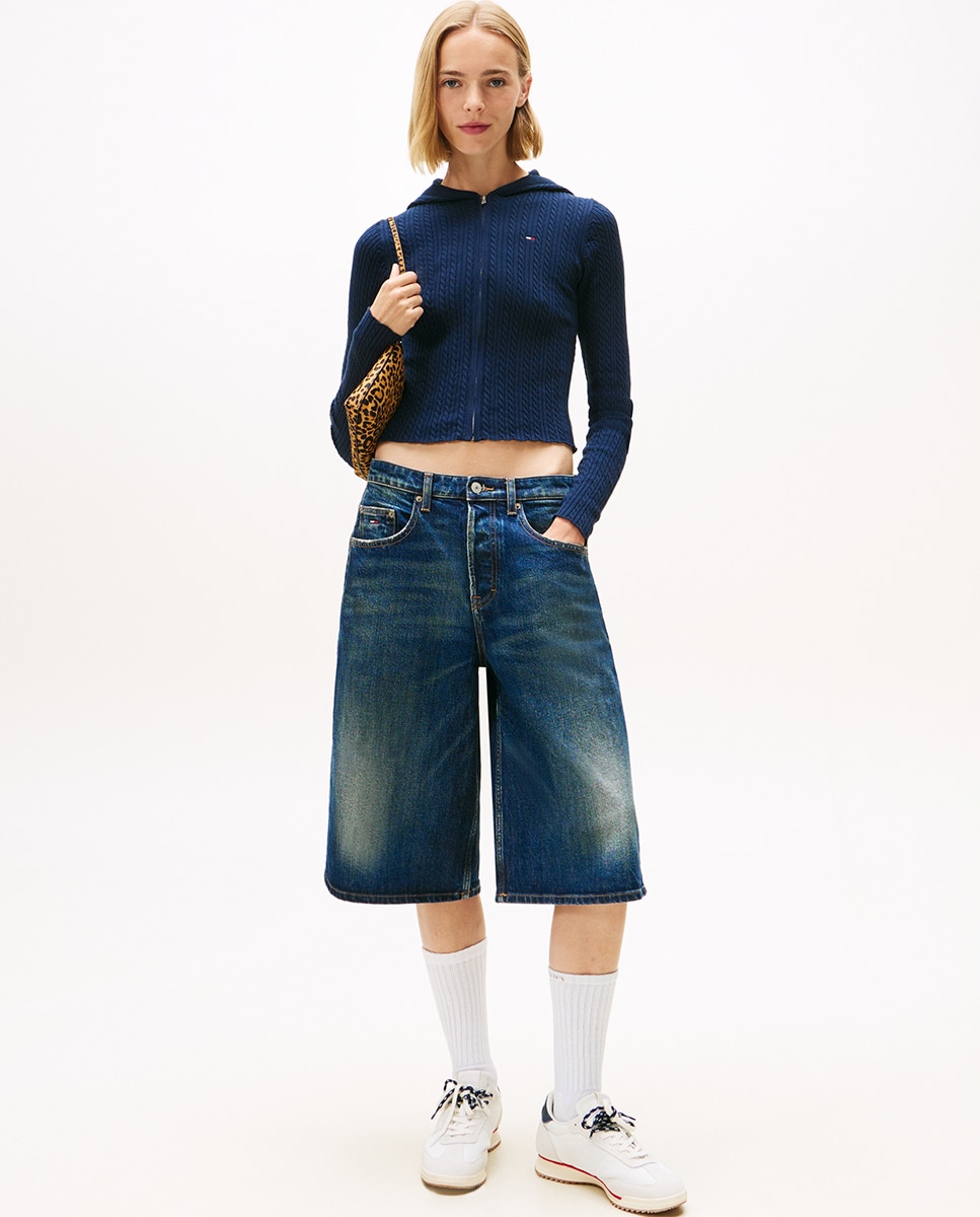 Cardigan de Malha com Capuz e Fecho de Correr Azul-marinho-3